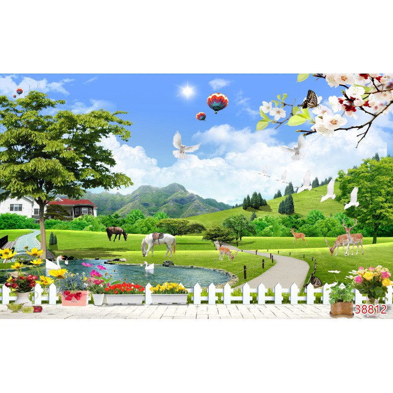 Tranh dán tường 3d phong cảnh thiên nhiên trang trí phòng khách chất liệu decal pp keo sẵn bóc dán atk16