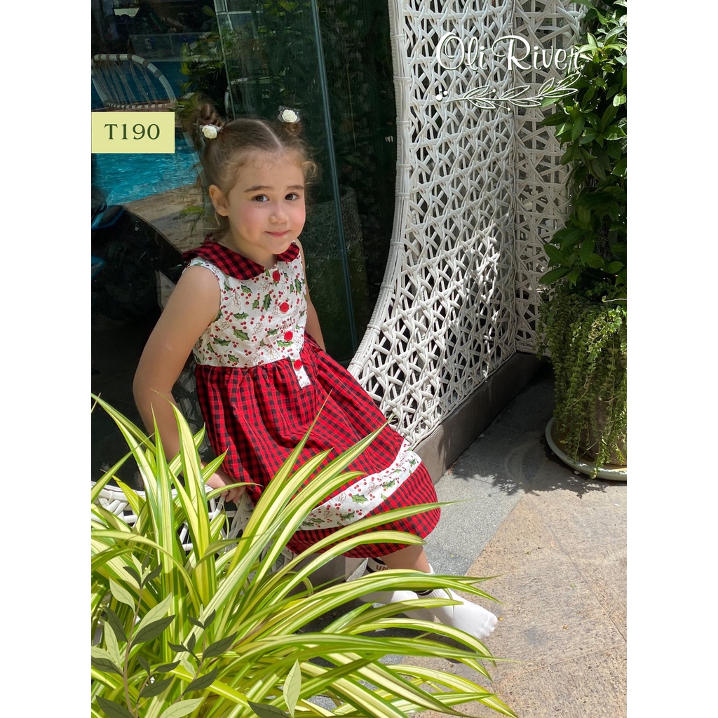 (1-&gt;10 tuổi) Váy đầm caro đỏ họa tiết hoa lá chuẩn hãng Oli River (T190)