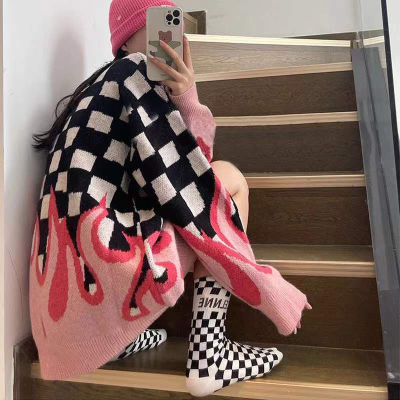 Áo sweater Dệt Kim Dáng Rộng In Hình Ngọn Lửa Phong Cách Hàn Quốc Thời Trang Thu Đông Cho Học Sinh