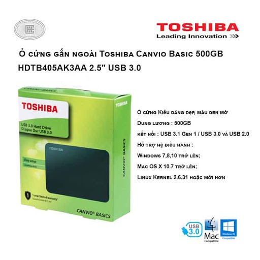 Ổ CỨNG DI ĐỘNG TOSHIBA CANVIO BASICS 500GB USB 3.0 - BH 24 THÁNG