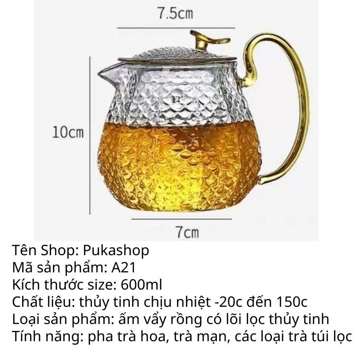 Ấm Trà Thủy Tinh Chịu Nhiệt Cao Cấp, Bình Trà Có Lõi Lọc, Ấm Thủy Tinh Vẩy Cá Size 600ml Puka A21