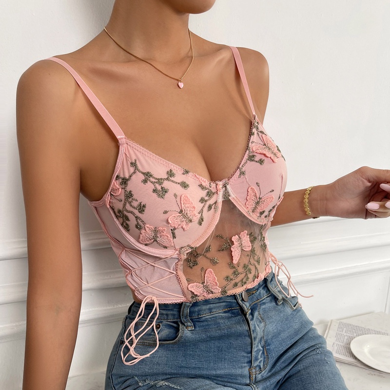 Xiangbao Áo Crop Top Hai Dây Phối Lưới Rỗng Cổ Chữ V Tinh Tế Cho Nữ