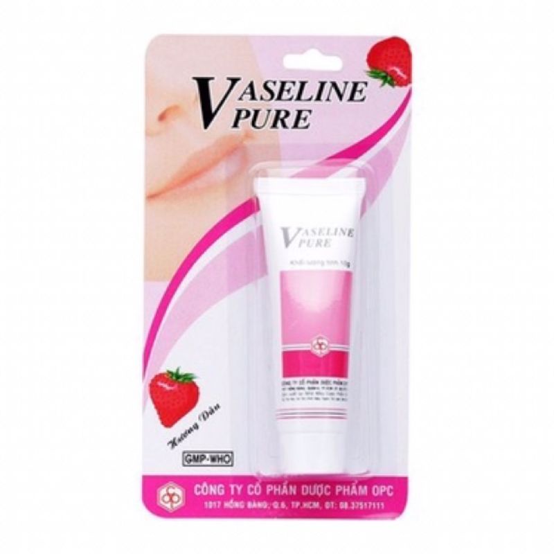 Vaseline Pure OPC 10g - Hương dâu, giúp làm mềm mịn da và các vết chai sần, phòng chống nứt môi, nứt nẻ da chân, tay