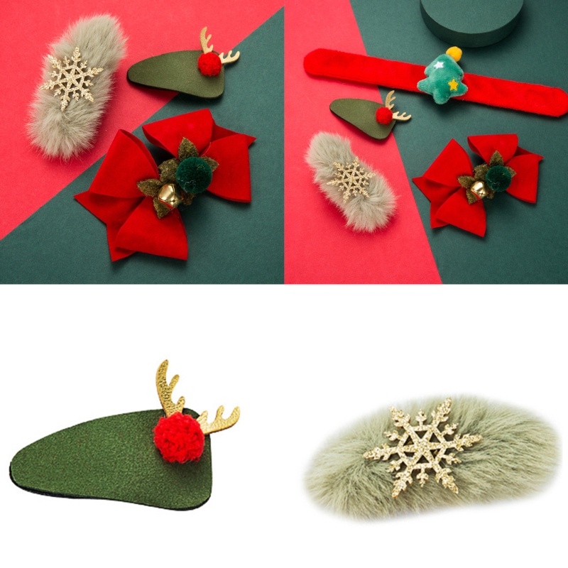 Set 4 Kẹp Tóc Họa Tiết Hoạt Hình Giáng Sinh Kèm Vòng Đeo Tay &amp; Kẹp Tóc Hình Hoa Tuyết / Hươu / Hươ