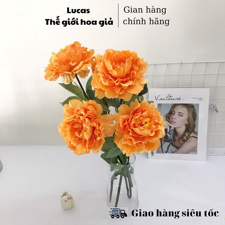 Hoa giả - Hoa mẫu đơn Lucas 70cm 1 cành 2 bông to 1 nụ trang trí đep, giống thật