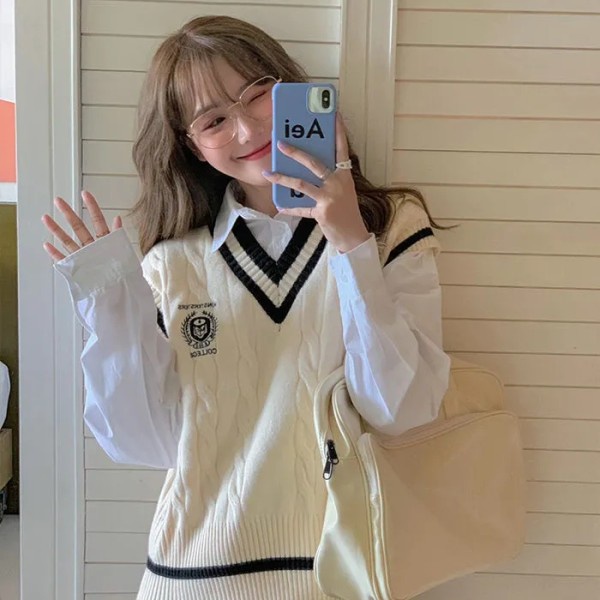 Áo Sweater Không Tay Cổ Chữ V Dáng Rộng Phong Cách Hàn Quốc Thời Trang Thu Đông Cho Nữ