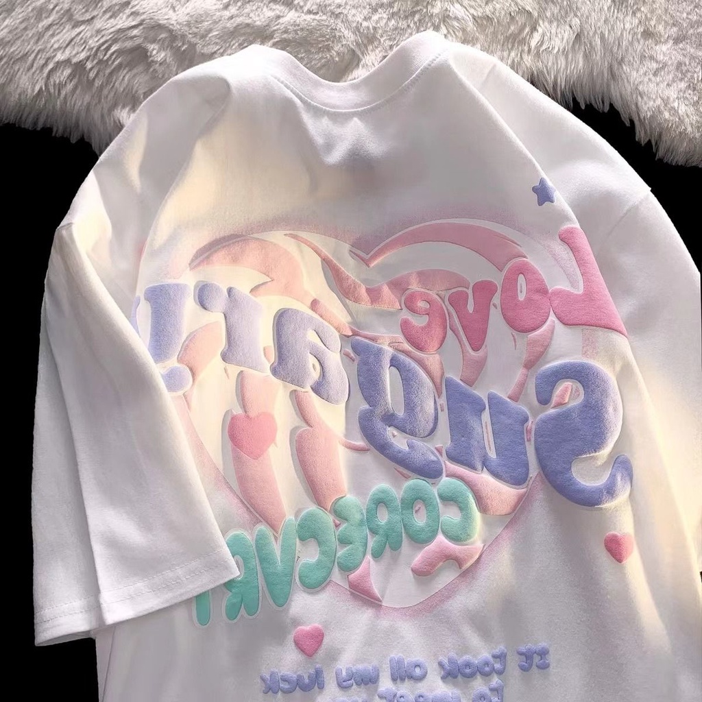 Áo Thun Cotton Tay Ngắn Dáng Rộng In Họa Tiết Xốp Màu Trơn Thời Trang Mùa Hè Hàng Mới Phong Cách Mỹ Dành Cho Bạn Nữ
