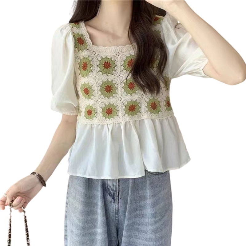 Brroa Áo Croptop Tay Phồng Ngắn In Họa Tiết Hoa Viền Bèo Thời Trang Cho Nữ