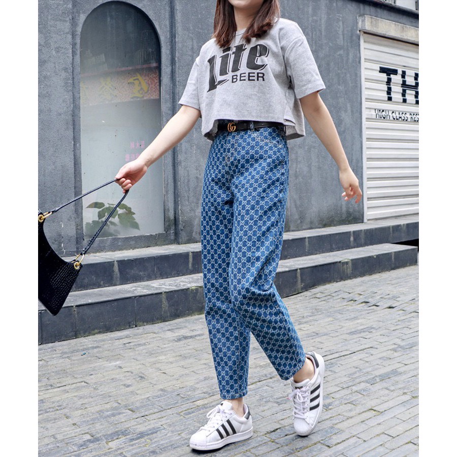 Quần jeans LV baggy nữ GU_BG ,HOẠ TIẾT THÊU, ống suông rộng style hàn quốc