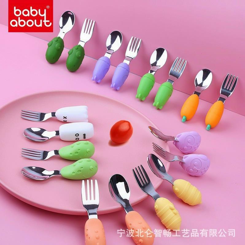 SET Thìa dĩa tập xúc cán ngắn BABY ABOUT , muống nĩa cán ngắn silicone an toàn