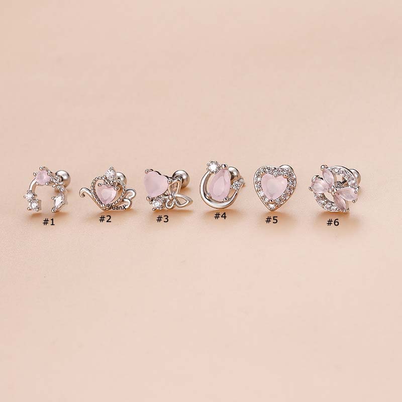 1 Khuyên Xỏ Tai Helix 20Gauge Bằng Thép Không Gỉ Đính Đá Zircon Màu Hồng Trái Tim