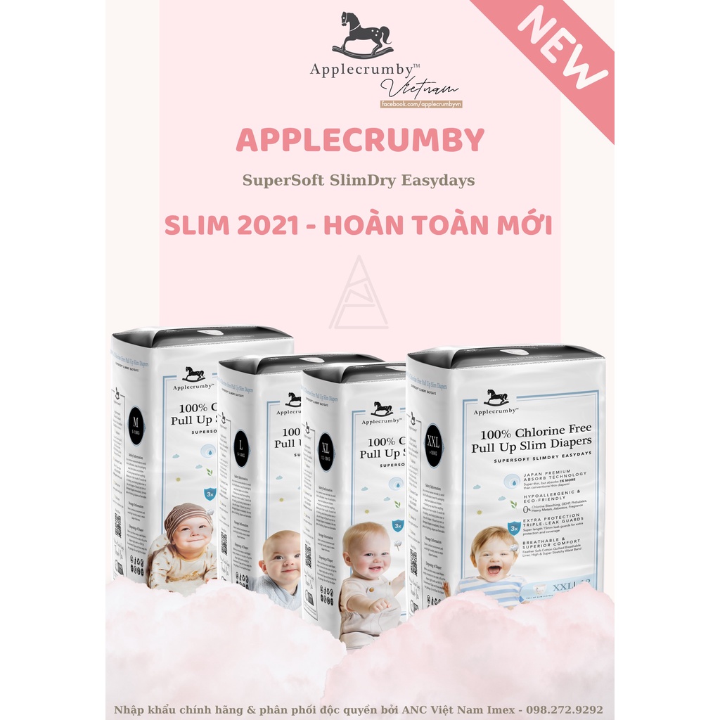 (Mua 1 Tặng 1) Bỉm Quần/Dán APPLECRUMBY SLIM Malay (S16/M15/L14/MQ15/LQ14/XLQ13/XXLQ12)