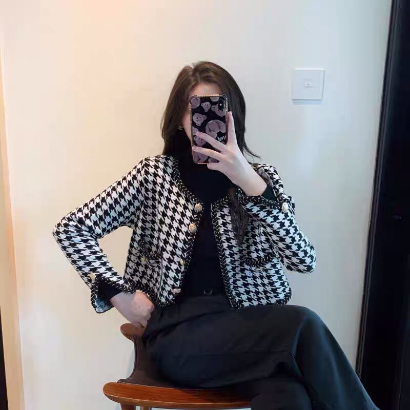 Áo dạ tweed nữ dáng ngắn Caro buộc nơ - Elly Clothings | BigBuy360 - bigbuy360.vn