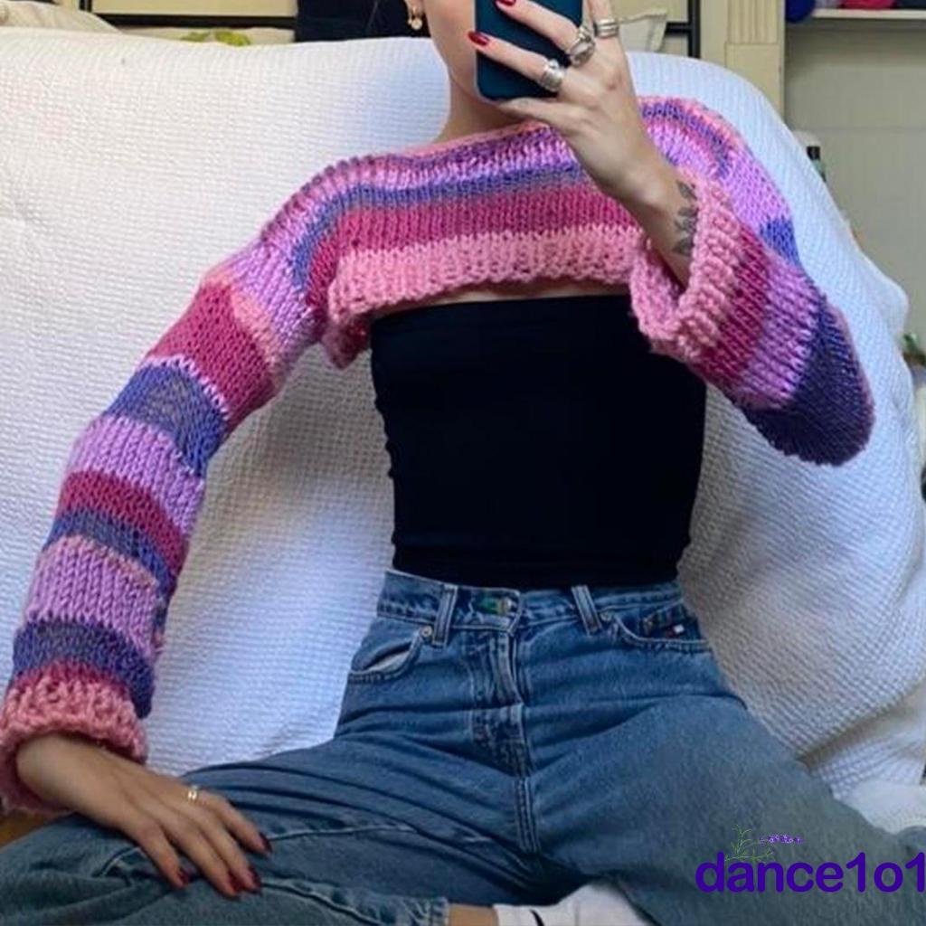 Áo Dệt Kim Tay Dài Họa Tiết Kẻ Sọc Màu Tương Phản Thời Trang Cho Nữ 1O1-