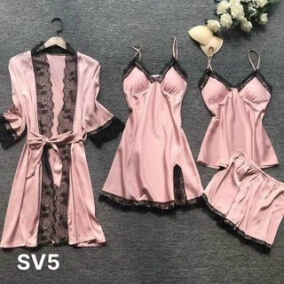 Sét 4 món váy ngủ lụa kèm áo choàng lụa satin và bộ cộc mặc nhà cao cấp - nami