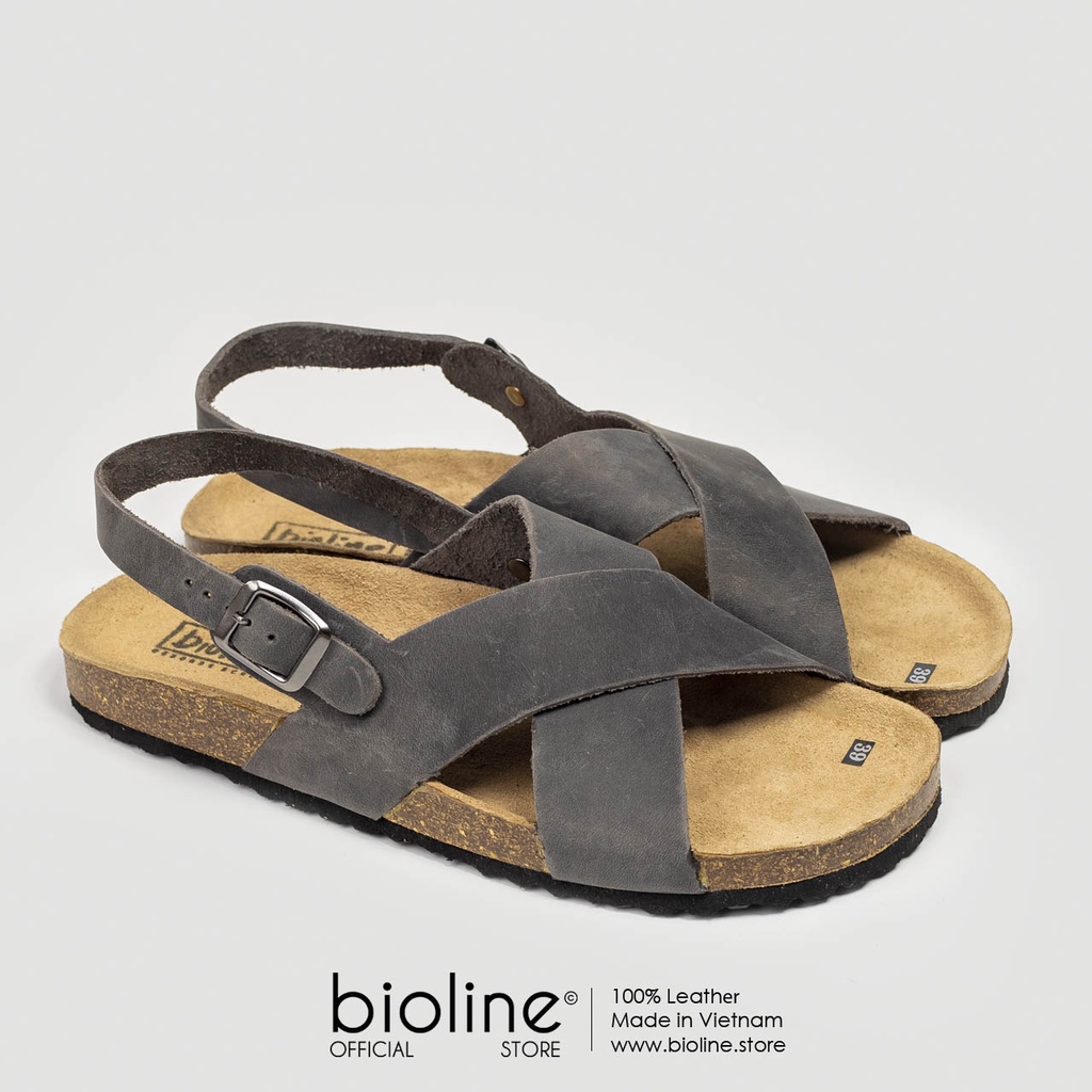 [DA BÒ THẬT] D11-Dép Sandal đế trấu da bò quai chéo Birken Bioline Unisex (Đế trấu)