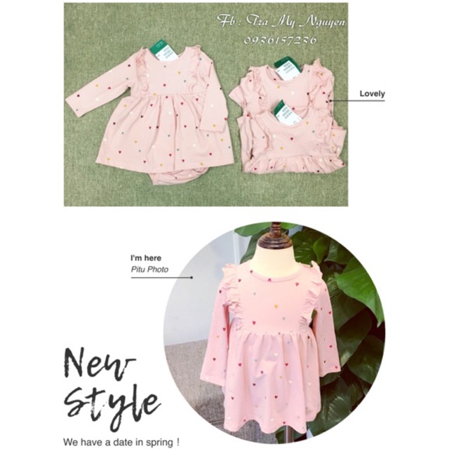 Váy cotton hồng chấm bi trái tim liền body chip HM auth