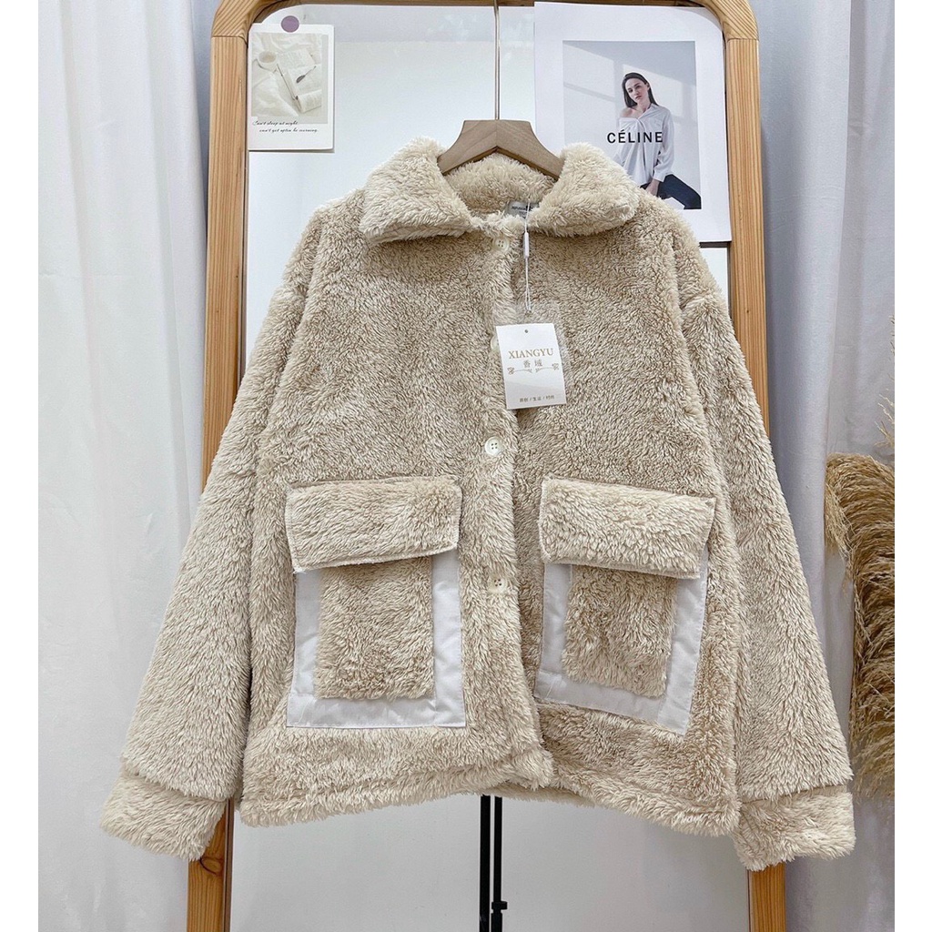 Áo Nỉ Lông Túi Hộp Nữ - Áo khoác be cổ bẻ form rộng thiết kế bắt mắt, cá tính HOT TREND | BigBuy360 - bigbuy360.vn