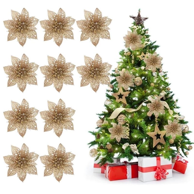 Bộ 5 bông hoa giả phối kim tuyến trang trí cây thông Giáng Sinh/tiệc cưới/năm mới