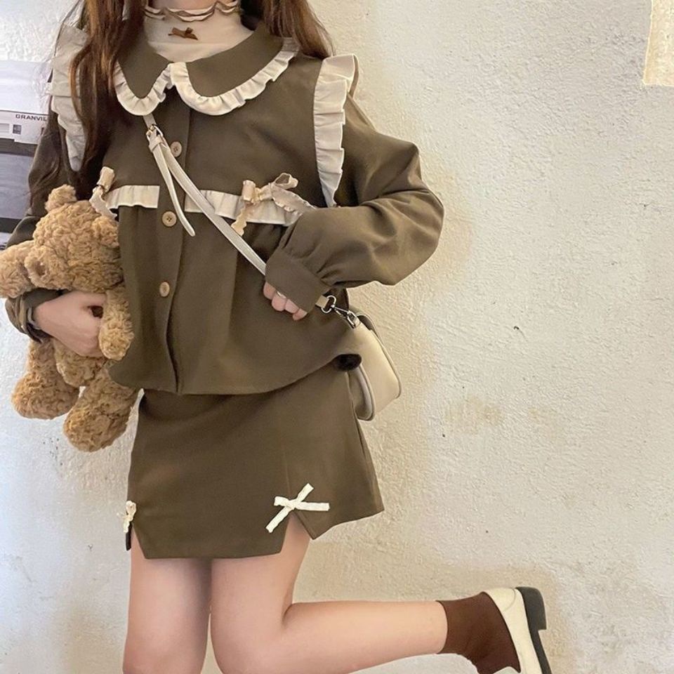 Bộ Áo Cổ Búp Bê Thắt Nơ Bên + Chân Váy Ôm Eo Hẹp Phong Cách Preppy Nhật Bản Thời Trang Xuân Thu