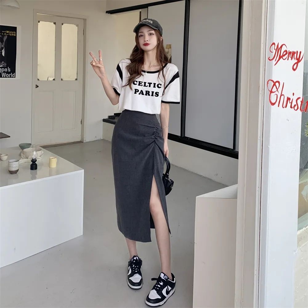 COZOK Set Áo Thun Ngắn Tay Và Chân Váy Xẻ Tà Thời Trang Dành Cho Nữ