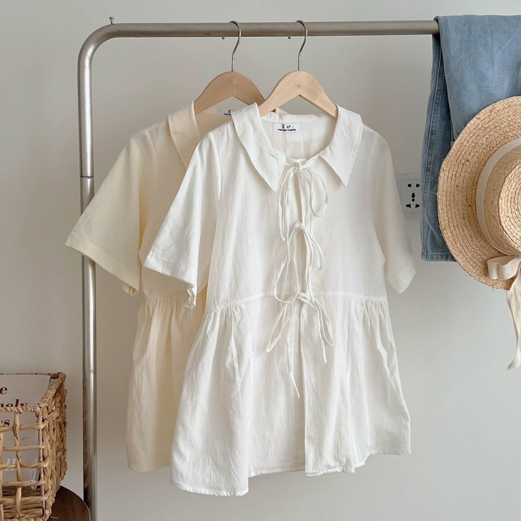 Áo sơ mi kiểu nữ, Áo sơ mi phối nơ ngực cổ sen thanh lịch Ulzzang