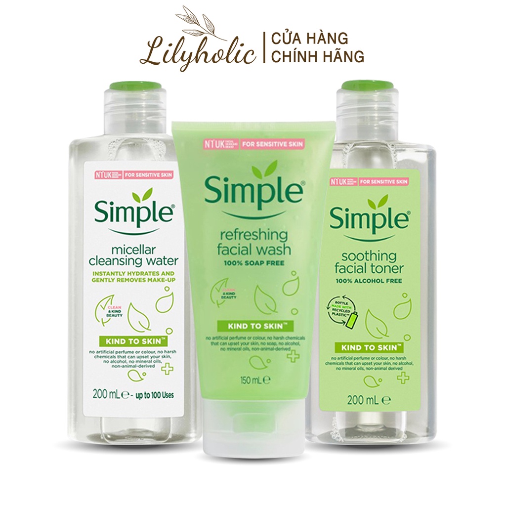 Combo Simple Tẩy trang 200ml + Sữa rửa mặt 150ml + Nước hoa hồng 200ml