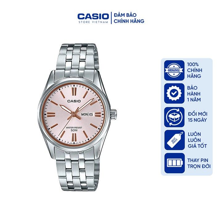 Đồng hồ nữ Casio LTP-1335D-4A, đồng hồ chính hãng, dây thép bạc mặt hồng