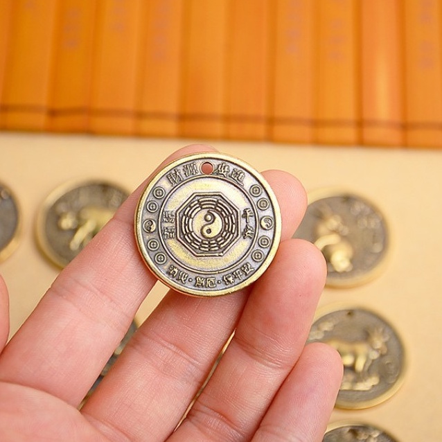 Phong Thủy Mặt Đồng Xu Bằng Đồng Thau Họa Tiết 12 Con Giáp, Làm Móc Đeo Chìa khóa, Mặt Dây Chuyền