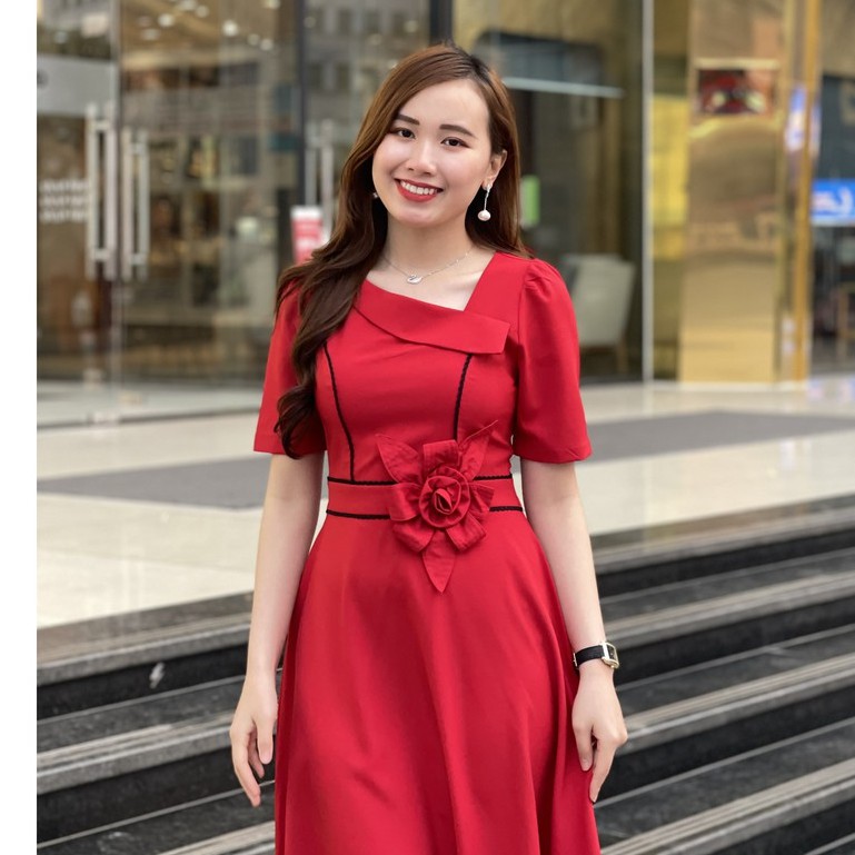 [Mã WASTMAY giảm 15% tối đa 30K đơn 150K] Đầm dáng xòe đai eo đính nơ cao cấp Emvy- K38 | BigBuy360 - bigbuy360.vn