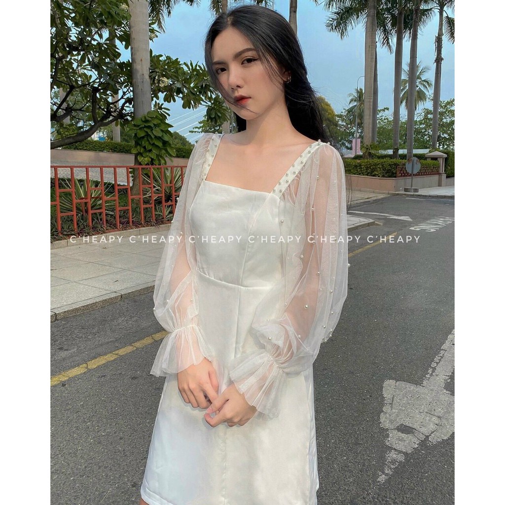 Đầm xòe cổ vuông tay lưới bi xinh xắn có mút ngực