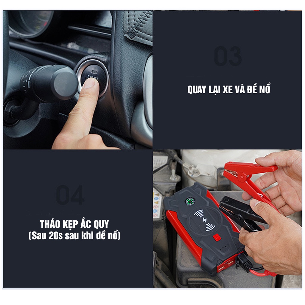 Bộ kích điện đề nổ bình ắc quy 12v cứu hộ ô tô xe máy công suất lớn 38900 mAh kiêm sạc và đèn led rọi