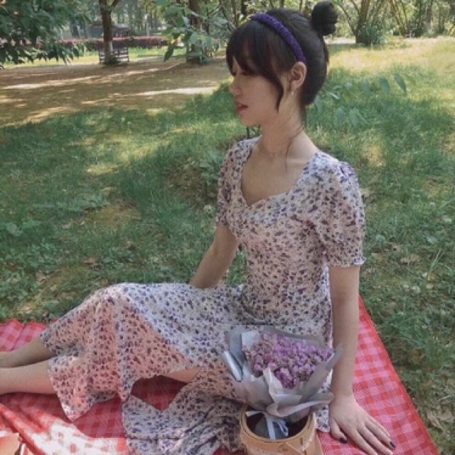 (Sẵn) Váy đầm maxi hoa tím xẻ tà dáng dài tay ngắn phồng | BigBuy360 - bigbuy360.vn