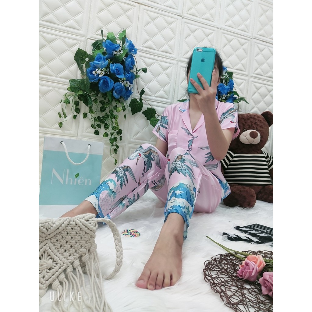 BỘ PIJAMA SATIN TAY NGẮN QUẦN DÀI CHÂN BÔNG MS30