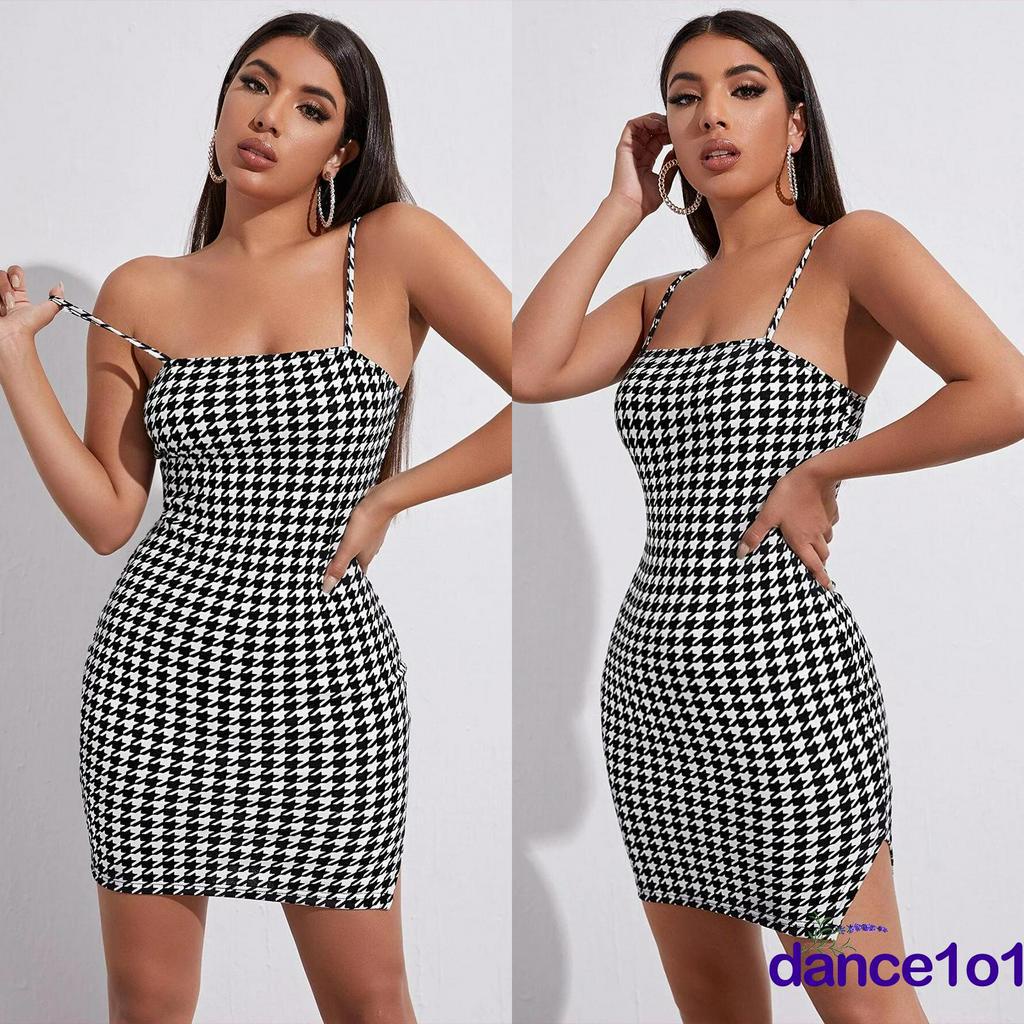 Đầm Dây Nữ Ca Rô Cộc Tay Bó Sát Quyến Rũ