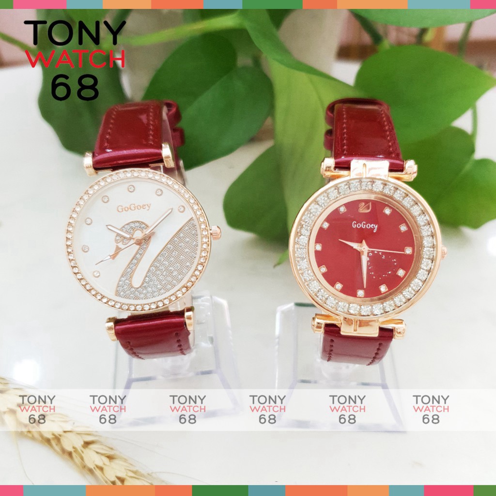 Đồng hồ nữ Gogoey đẹp dây da đỏ mặt ngọc thiên nga chống nước chính hãng Tony Watch 68