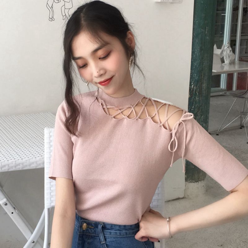 Áo Thun Dệt Kim Mỏng Trơn Khoét Vai Cổ Rùa Ngắn Tay Thời Trang Mùa Hè Dành Cho Nữ