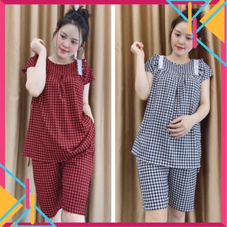 [CHẤT LƯỢNG] Bộ Đồ Bầu Sau Sinh, Bộ Lửng Ca Rô 01, Chất Chéo Thái, Size Rộng, Quần Cúc Chỉnh Chun