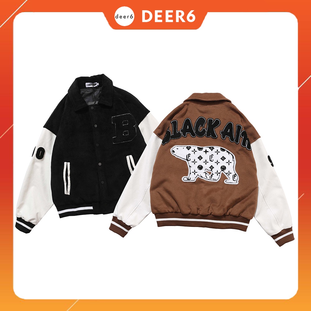 Áo khoác bomber, Varsity jacket Black Air nam nữ thân dạ tay da màu đen, nâu