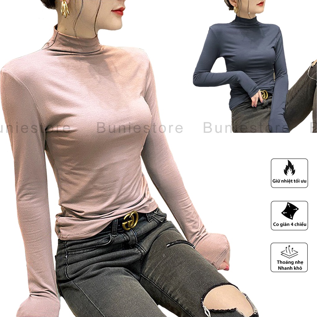 Áo giữ nhiệt nữ thun cổ cao 3cm lót nỉ vải cotton và spandex cực cao cấp new 2022