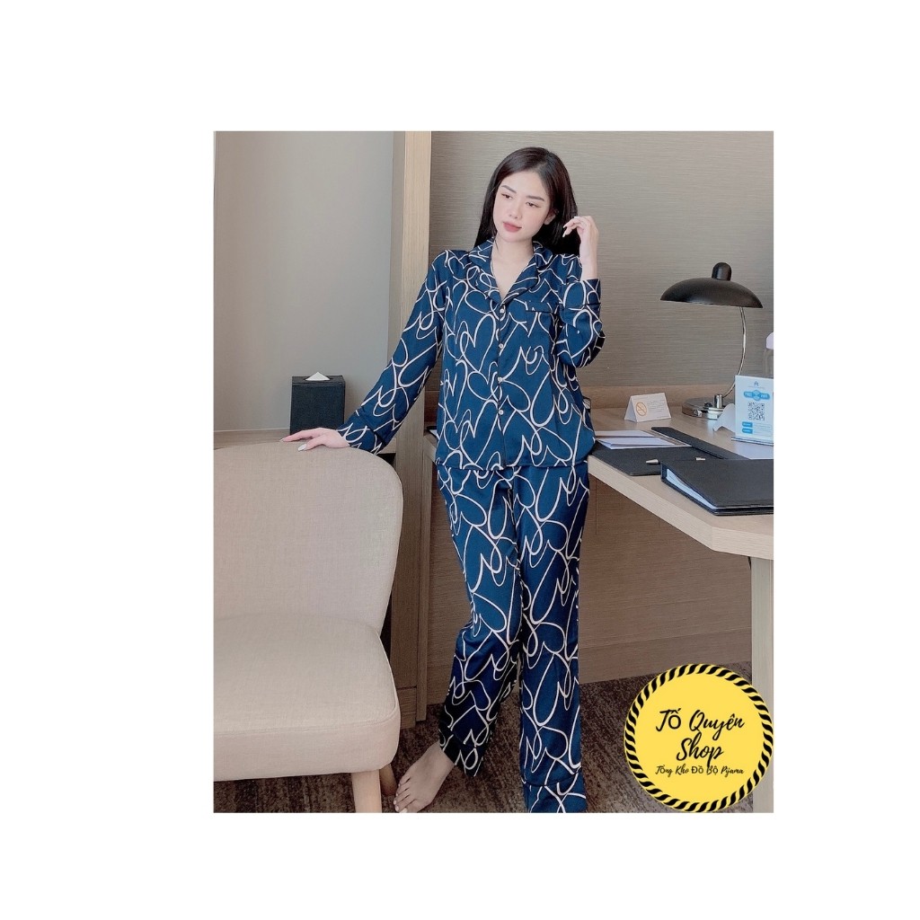 Đồ Bộ Pijama Lụa Satin 🔥FREESHIP🔥 Bộ Đồ Ngủ Quần Dài Áo Cộc Hoạt Tiết Trang Nhã Vàng - Xanh Lá BN3.1