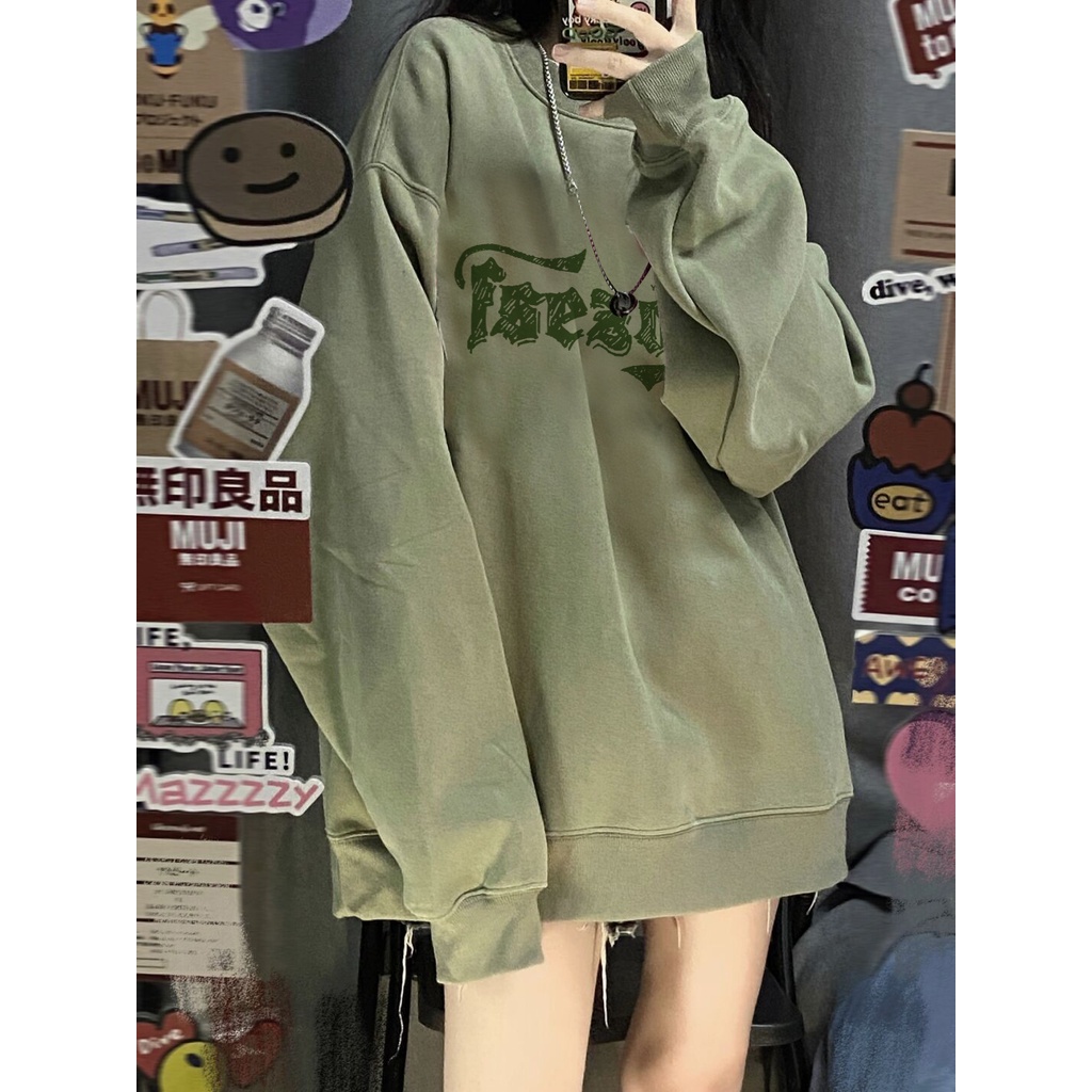 Áo Nỉ Dài Tay Form Rộng In Chữ Phong Cách Vintage Đường Phố