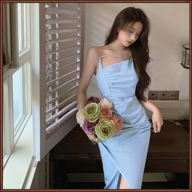 Đầm Hai Dây Xẻ Tà Màu Trơn Thời Trang Dành Cho Nữ