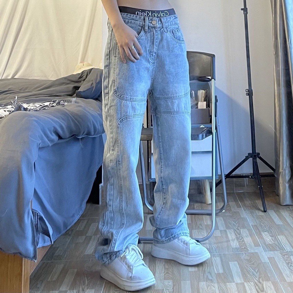 Châu Âu và Mỹ Đường phố cao cấp Hip Hop thẳng Retro Wash Quần jean ba chiều cho nam giới nữ Xu hướng ống rộng thông thường