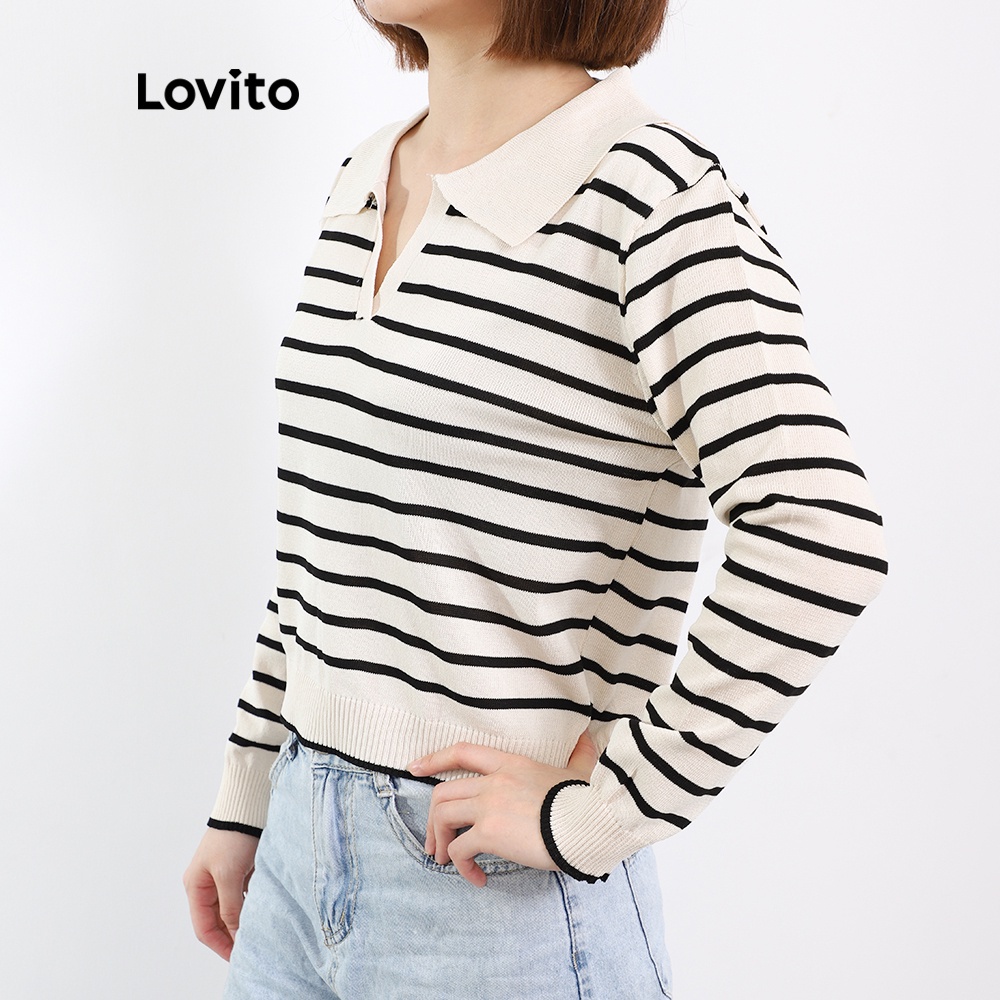  Áo Lovito tay dài cổ polo kiểu chữ V kẻ sọc phong cách Preppy L08215 (Màu be) | BigBuy360 - bigbuy360.vn