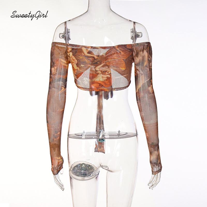 Áo Croptop Tay Dài Cổ Chữ V Phối Ren Lưới Xuyên Thấu Quyến Rũ Dành Cho Nữ 2022