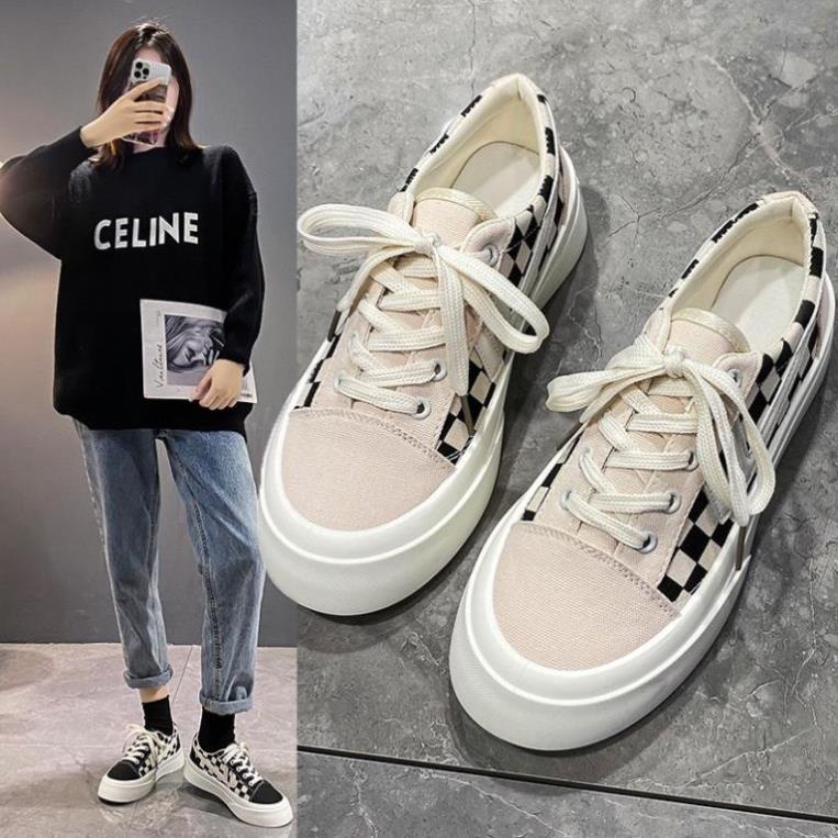 Giày thể thao nữ độn đế quảng châu caro kiểu dáng classic 2 màu đen và xám hot hit