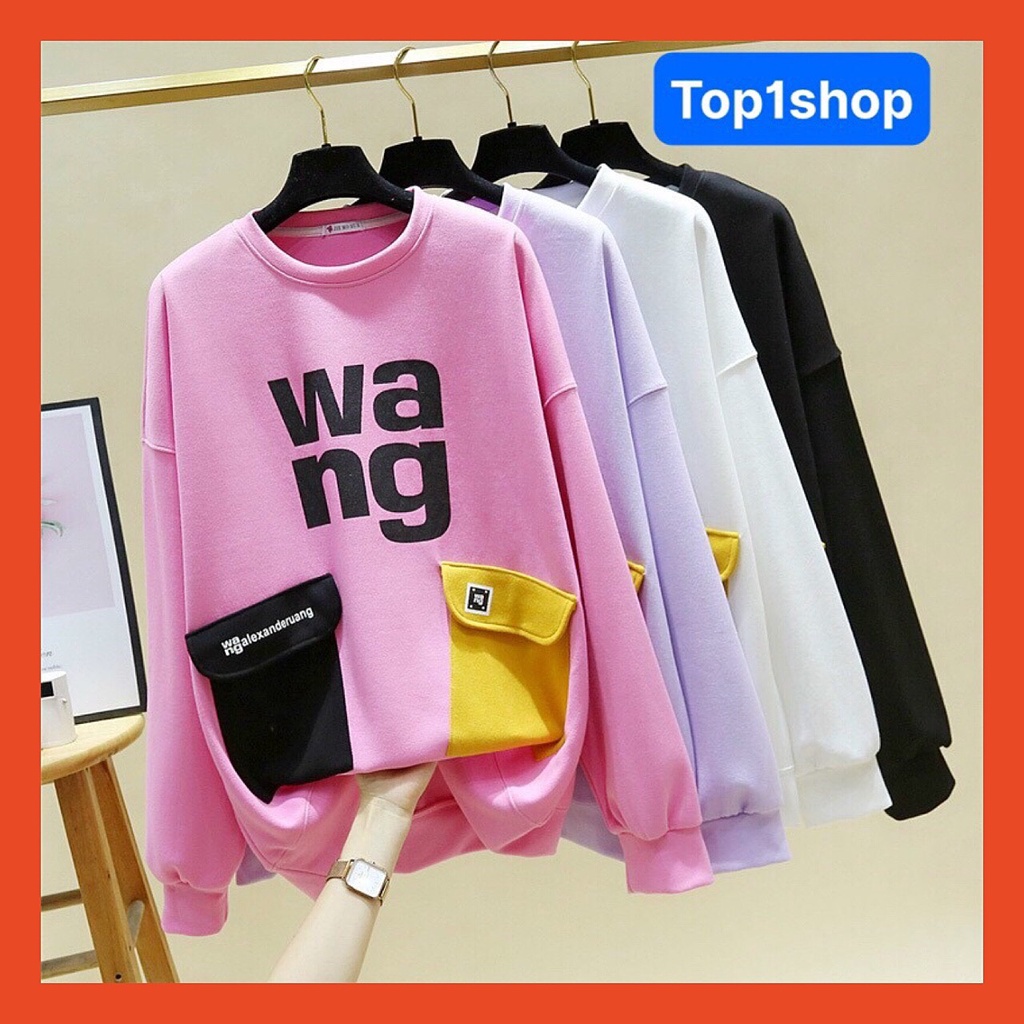Áo Sweater nữ WANG tay dài form rộng thiết kế hai túi trước phối màu phong cách Hàn Quốc,chất liệu nỉ bông cao cấp 2022 | BigBuy360 - bigbuy360.vn
