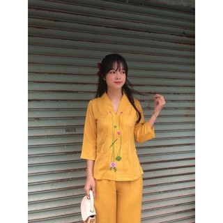Đồ lam đi chùa mẫu lụa pháp thêu sen