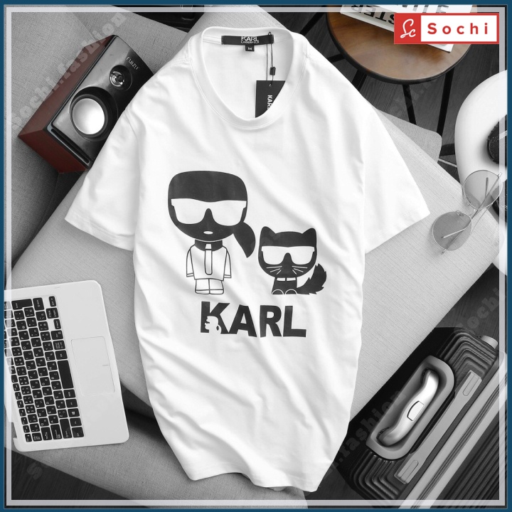 Áo thun nam tay ngắn cổ tròn chất phông cotton cao cấp in Mèo KARL mã GZ510